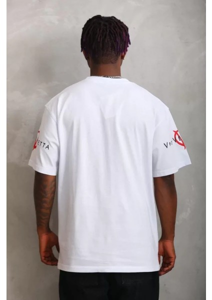 Unisex Oversize Baskılı Bisiklet Yaka T-Shirt - Beyaz fırsatları