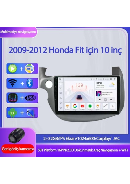Honda Fit Wifi Gps Carplay 10 Inç 2+32GB Kamera Multimedya Navigasyon Sistemi - 2009-2012 Model