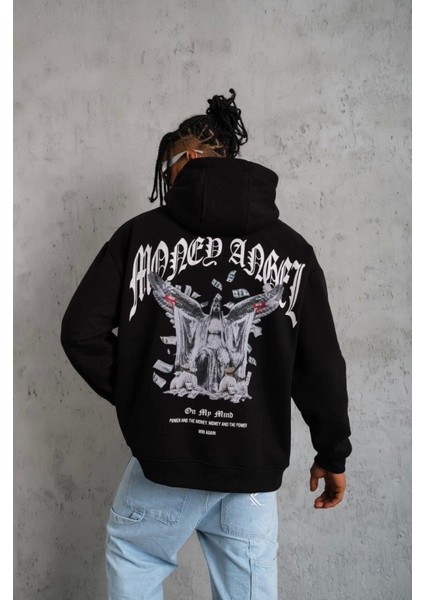 Erkek Kordon Ipli Baskılı Kapüşonlu Sweatshirt - Siyah fiyatları