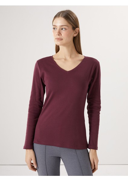Yeni Sezon V Yaka Düz Uzun Kollu Kadın Tişört