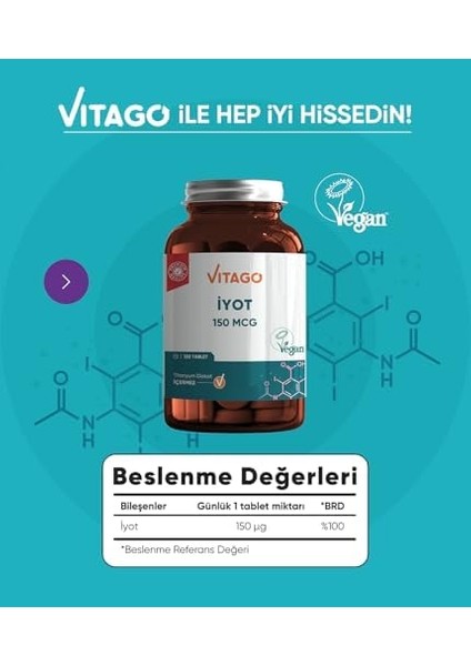 Vitago Premium Iyot 150 Mcg Içeren Tablet Takviye Edici Gıda 120LI modelleri