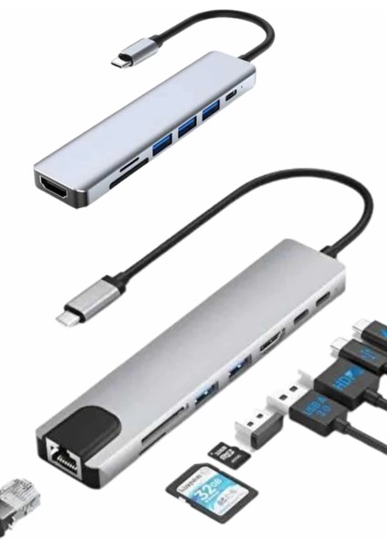 Bfs 8 Port Çoklayıcı Macbook ile Uyumlu Çoğaltıcı Type-C Dönüştürücü Tf Sd Kart modelleri