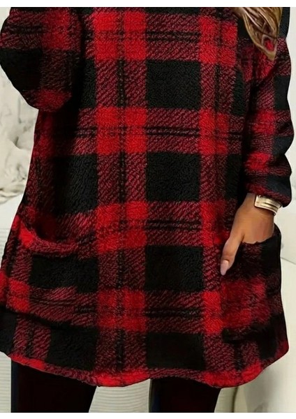 Kadın Uzun Kollu Yarı Balıkçı Yakalı Cep Detaylı Ekoseli Dokuma Tunik modelleri