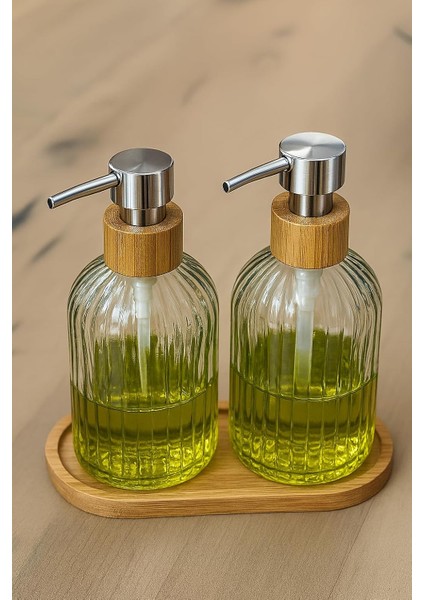 2’li Cam Sıvı Sabunluk Seti – Füme Renk, 300 ml Şeffaf Cam Gövde, Bambu Başlık ve – Modern Pompalı Dispenser –, Mutfak ve Lavabo Üstü Kullanım Için Uygun