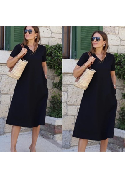 Kadın Kısa Kollu V Yaka Cepli Viskon Elbise fırsatları