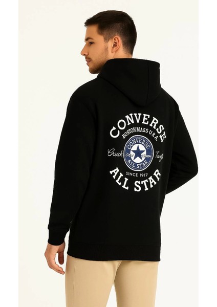 Üç Iplik Kapşonlu Ön ve Arka Baskılı Sweatshirt Hoodie- Siyah fiyatları