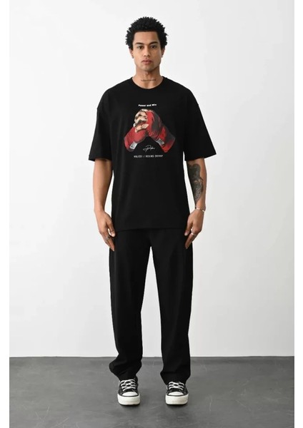 Unisex Baskılı Oversize T-Shirt - Siyah fırsatları