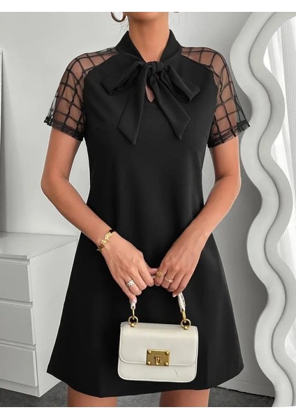 Kadın Kısa Kollu Boyundan Bağlamalı Omuzlarda Tül Detaylı Janjan Krep Elbise modelleri