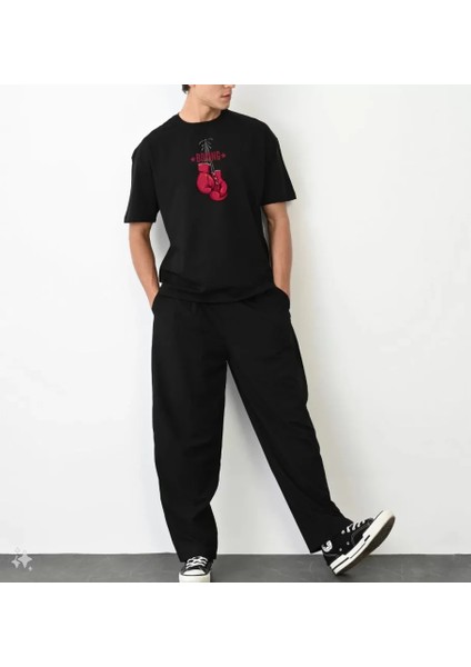 Unisex Bisiklet Yaka Baskılı Oversize T-Shirt - Siyah