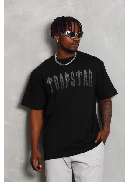 Unisex Oversize Taşlı Bisiklet Yaka T-Shirt - Siyah