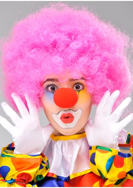 Pembe Renk Kıvırcık Afro Bonus Peruk Takma Saç ve Kırmızı Burun Seti (4940)