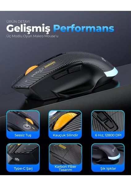 Mkespn SXS-W601 7 Tuşlu Gaming Mouse Karbon Fiber 3 Modlu Kablolu - Bluetooth - USB Alıcılı 12800 Dpı Makro Tanımlı Oyun Faresi fiyatları