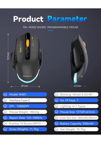 Mkespn SXS-W601 7 Tuşlu Gaming Mouse Karbon Fiber 3 Modlu Kablolu - Bluetooth - USB Alıcılı 12800 Dpı Makro Tanımlı Oyun Faresi modelleri