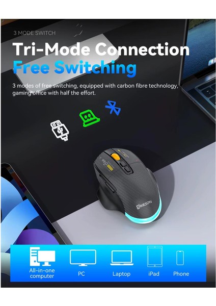 Mkespn SXS-W601 7 Tuşlu Gaming Mouse Karbon Fiber 3 Modlu Kablolu - Bluetooth - USB Alıcılı 12800 Dpı Makro Tanımlı Oyun Faresi fırsatları