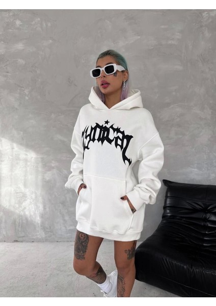 Unisex Üç Iplik Kapşonlu Baskılı Sweatshirt - Beyaz fiyatları