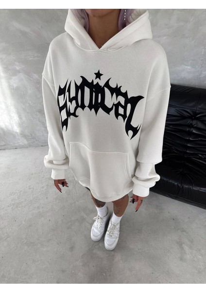 Unisex Üç Iplik Kapşonlu Baskılı Sweatshirt - Beyaz modelleri