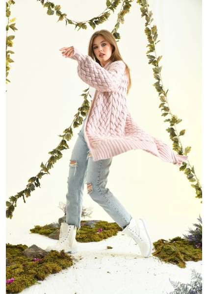 Kadın Ceket Uzun Düğmesiz Örgü Desenli Örme Ceket Pudra - 5795