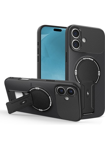 iPhone 16 Için Manyetik Kılıf, Karbon Fiber Tasarım, Standlı Tpu Hibrit Telefon Kılıfı, Siyah (Yurt Dışından)