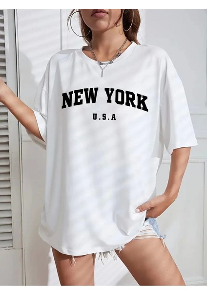 New York Baskılı Oversize Bisiklet Yaka T-Shirt - Beyaz