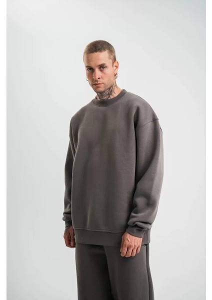 Uzun Kol Bisiklet Yaka Basic Sweatshirt - Füme