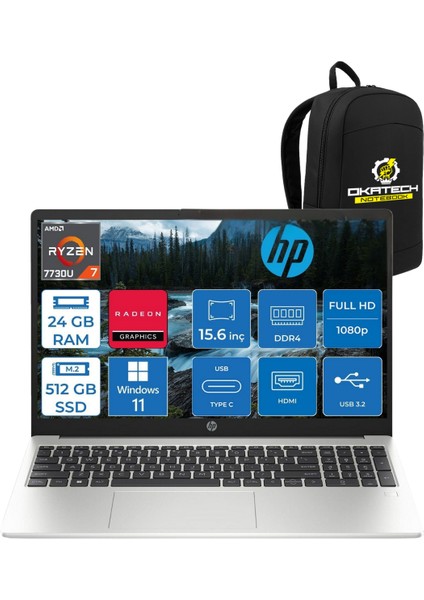 255 G10 3Z6G3ES Ryzen 7 7730U 24 GB Ram 512 Nvm SSD 15.6" Fhd WİN11 Pro Notebook +Okatech Çanta