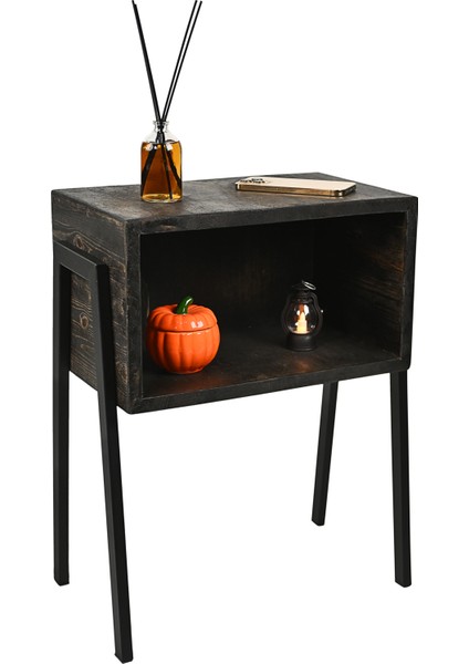 Rustik Siyah Gece Masası, Metal Ayaklar, Komodin, Çam Massif Ahşap, Yatak Odası Komodin