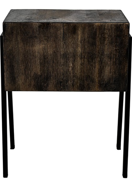 Rustik Siyah Gece Masası, Metal Ayaklar, Komodin, Çam Massif Ahşap, Yatak Odası Komodin