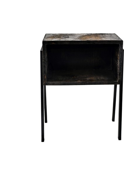 Rustik Siyah Gece Masası, Metal Ayaklar, Komodin, Çam Massif Ahşap, Yatak Odası Komodin