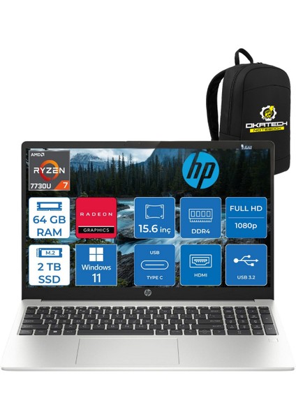 255 G10 3Z6G3ES Ryzen 7 7730U 8 GB Ram 512GB Nvm SSD 15.6" Fhd WİN11 Pro Notebook +Okatech Çanta