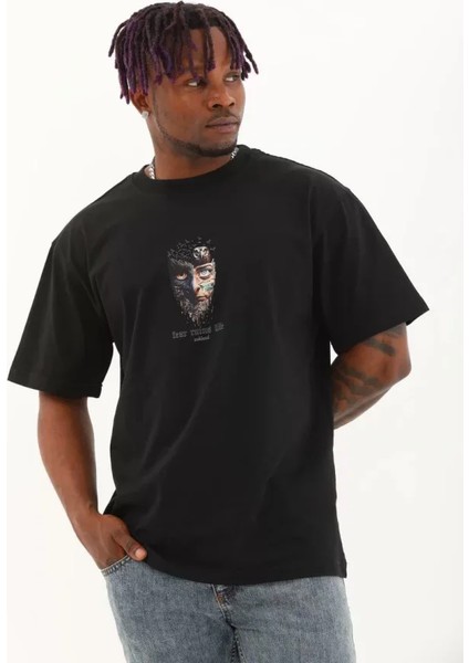 Unisex Oversize Baskılı Bisiklet Yaka T-Shirt - Siyah