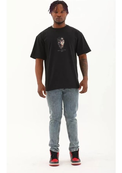 Unisex Oversize Baskılı Bisiklet Yaka T-Shirt - Siyah modelleri