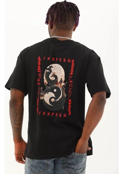 Unisex Oversize Baskılı Bisiklet Yaka T-Shirt - Siyah fırsatları