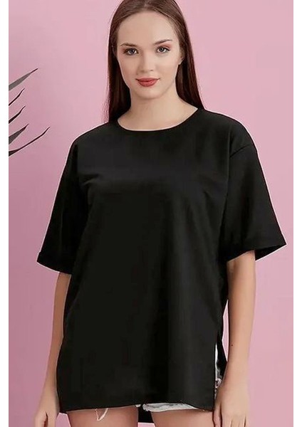 Yırtmaçlı Duble Kol Geniş Bisiklet Yaka Oversize Sweatshirt