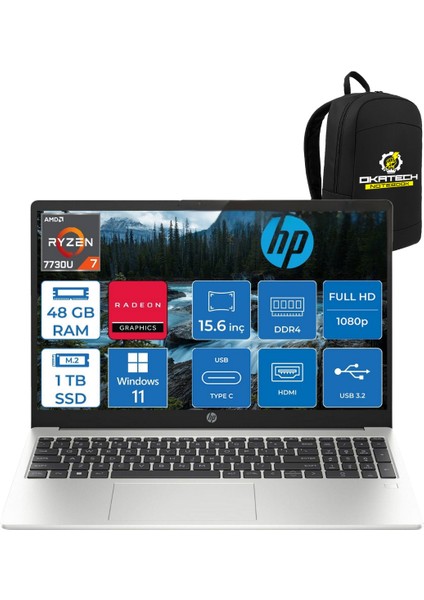 255 G10 3Z6G3ES Ryzen 7 7730U 48 GB Ram 1 Tb Nvm SSD 15.6" Fhd WİN11 Pro Notebook +Okatech Çanta