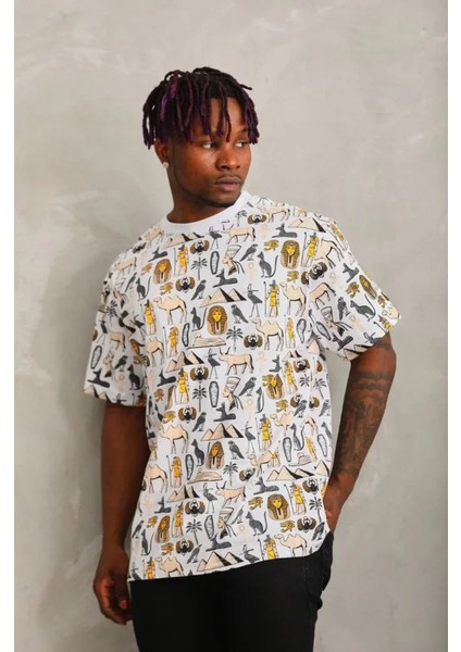 Unisex Oversize Baskılı Bisiklet Yaka T-Shirt - Beyaz
