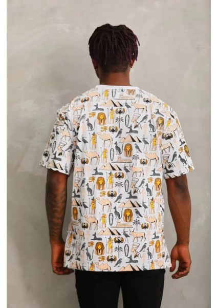 Unisex Oversize Baskılı Bisiklet Yaka T-Shirt - Beyaz fiyatları