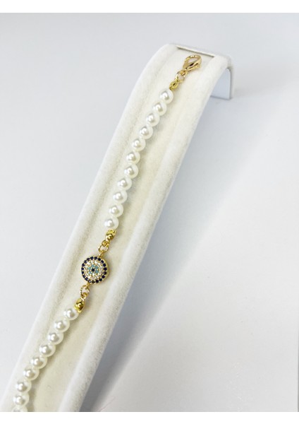 Zirkon Taşlı Nazar Boncuğu Figürlü Inci Bileklik