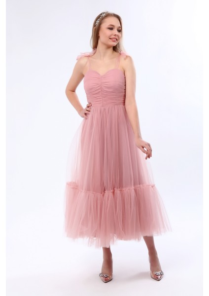 Omuzları Bağlamalı Renkli Tül Abiye Elbise