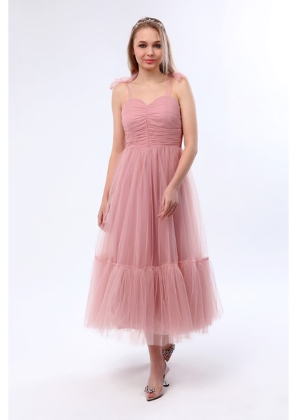 Omuzları Bağlamalı Renkli Tül Abiye Elbise fiyatları