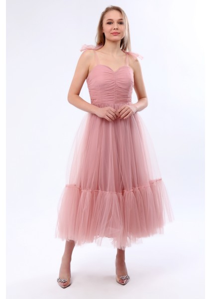 Omuzları Bağlamalı Renkli Tül Abiye Elbise modelleri