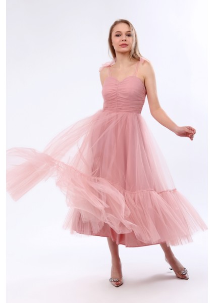 Omuzları Bağlamalı Renkli Tül Abiye Elbise fırsatları