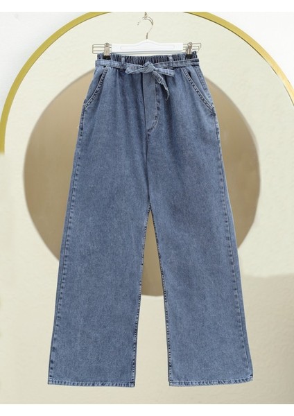 Bol Paça Beli Lastikli Kuşaklı Kot Pantolon -Buz Mavi