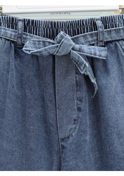 Bol Paça Beli Lastikli Kuşaklı Kot Pantolon -Buz Mavi fiyatları