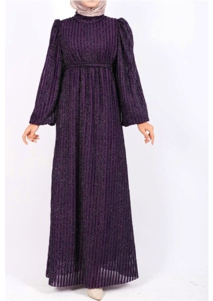 Kolu Lastikli Sim Çizgili Kemerli Elbise -Mor