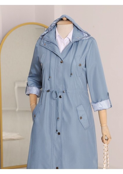 Astarı Çizgili Trençkot -Mavi fiyatları