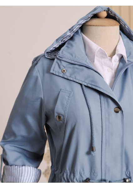 Astarı Çizgili Trençkot -Mavi fırsatları