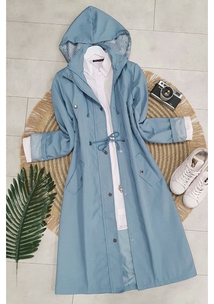 Astarı Çizgili Trençkot -Mavi indirimleri