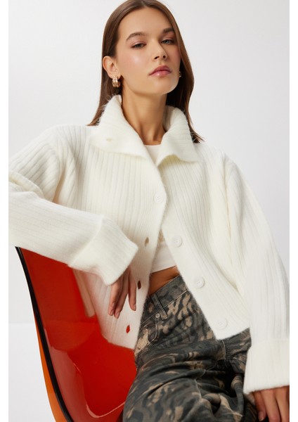 Yumuşak Dokulu Dik Yaka Triko Hırka LNF0026 Kemik