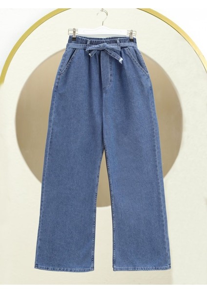 Bol Paça Beli Lastikli Kuşaklı Kot Pantolon -Koyu Mavi