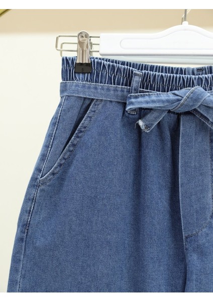 Bol Paça Beli Lastikli Kuşaklı Kot Pantolon -Koyu Mavi fiyatları